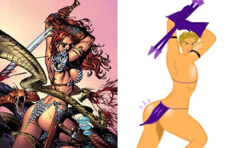 Hawkeye doing the same ridiculous boobs and butt pose that many female characters are forced to do